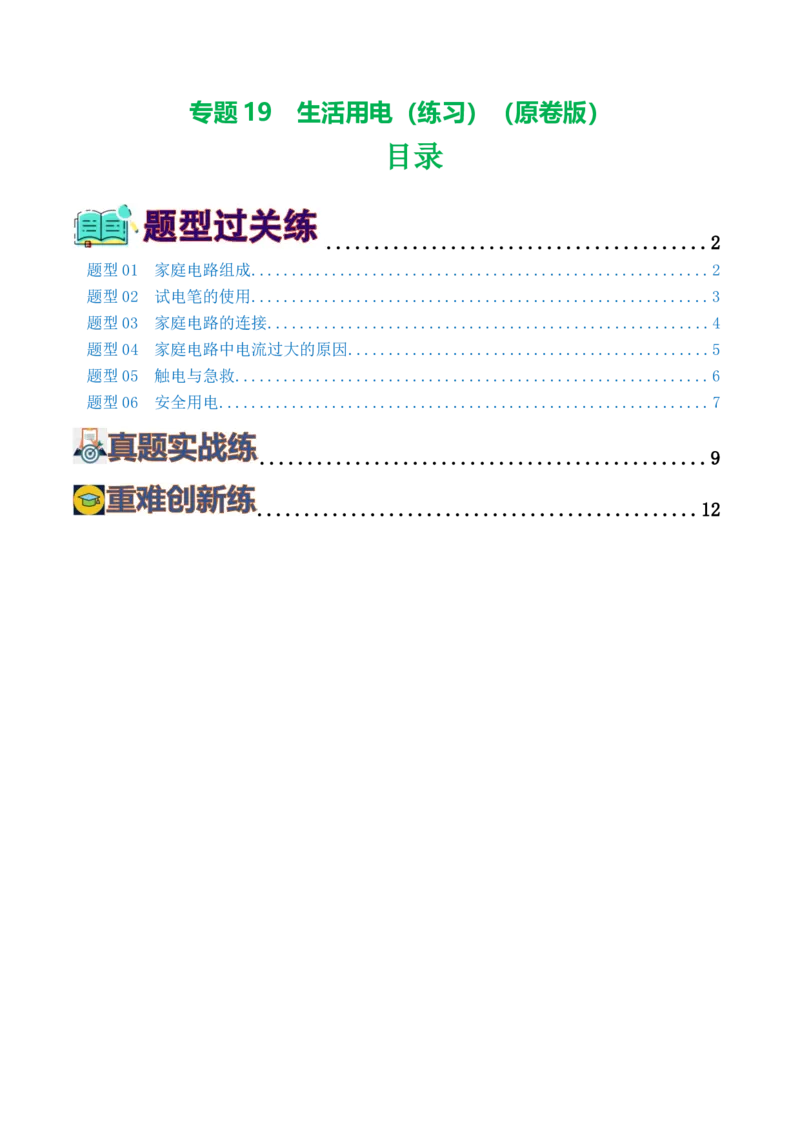 专题19生活用电（6题型）（练习）（原卷版）_8、物理总复习_8.中考物理总复习_2024年中考复习资料_一轮复习资料_完2024年中考物理一轮复习课件+讲义+练习（全国通用）