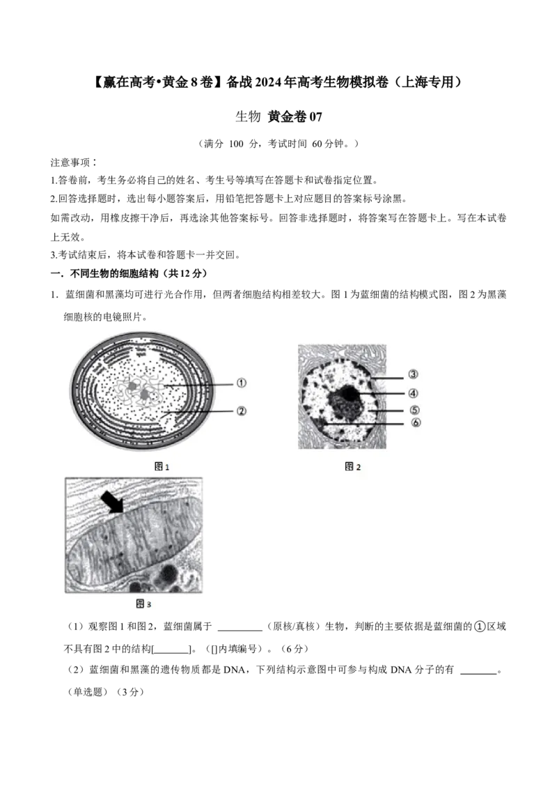 黄金卷07（解析版）-赢在高考&middot;黄金8卷备战2024年高考生物模拟卷（上海专用）_2024年新高考资料_4.2024高考模拟预测试卷