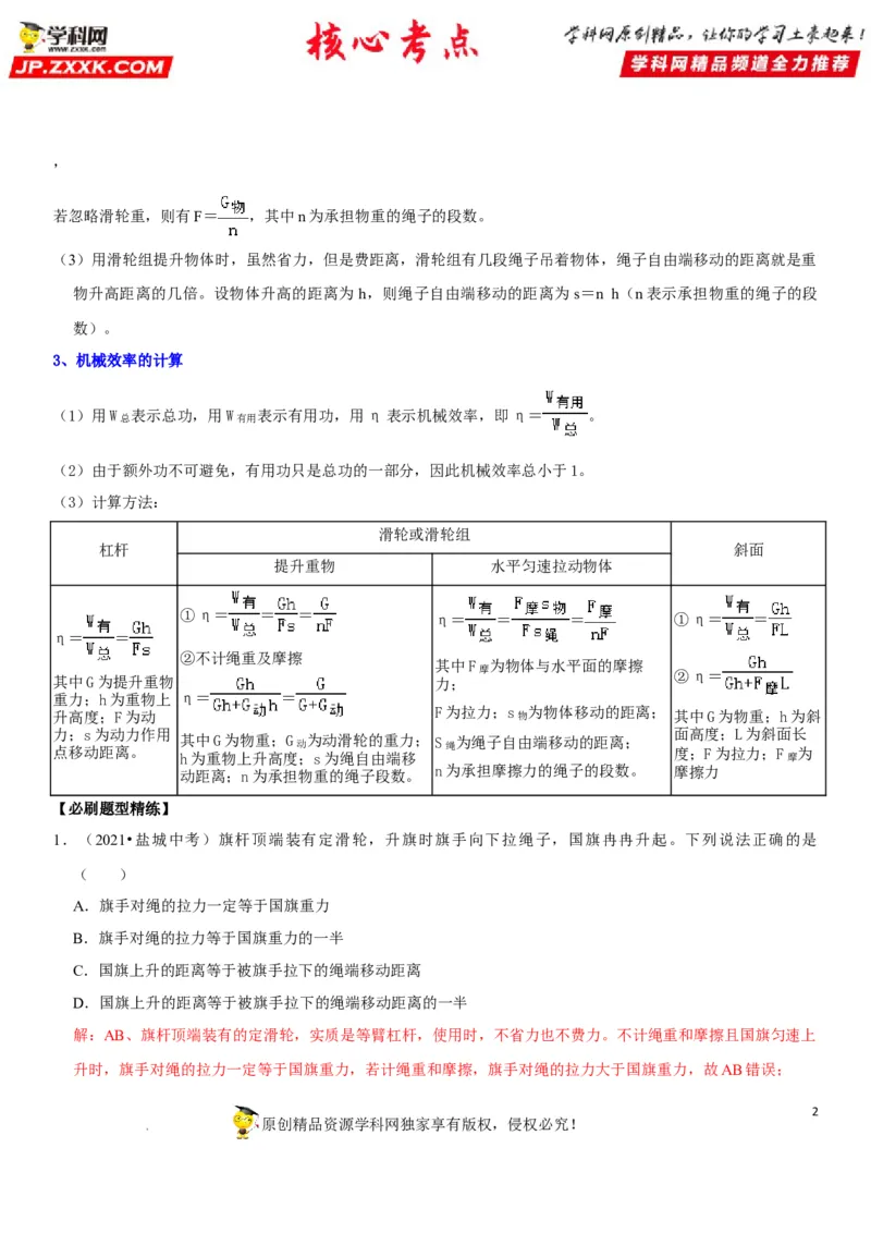 专题25滑轮及其工作特点（解析版）-2022年中考物理二轮专项复习核心考点突破与必刷题型汇编（全国通用）_8、物理总复习_8.中考物理总复习_2022年中考复习资料