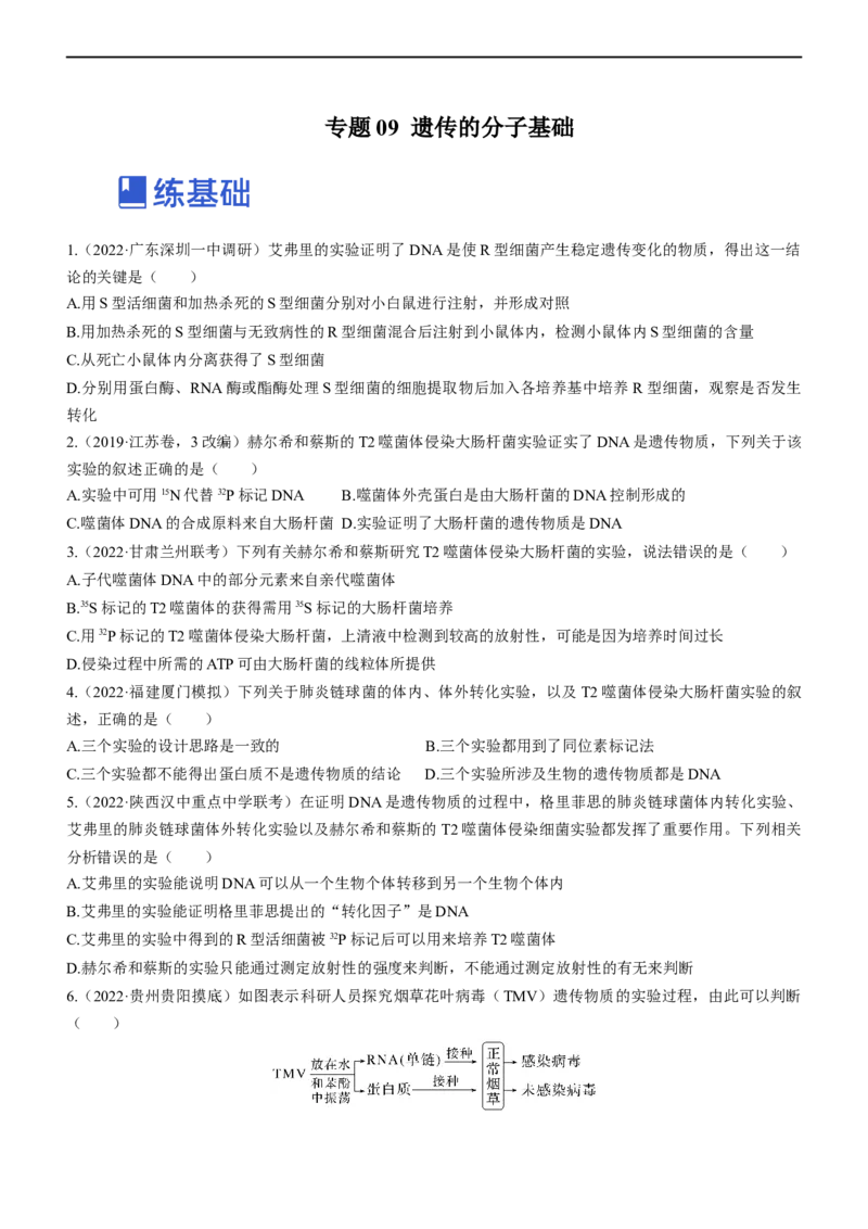 专题09遗传的分子基础（练）-2023年高考生物二轮复习讲练测（全国通用）（原卷版）_通用版（老高考）复习资料_2023年复习资料_二轮复习_2023年高考生物二轮复习讲练测（全国通用）