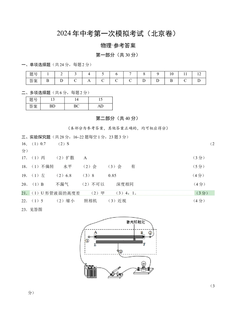物理（北京卷）（参考答案及评分标准）_8、物理总复习_2024中考模拟题物理_一模_物理（北京卷）-2024年中考第一次模拟考试