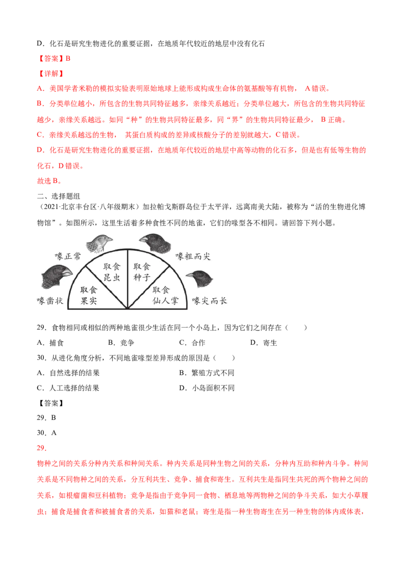 03生命起源和生物进化B卷（解析版）_初中全科电子版试卷练习试题_生物_生物8下练习_人教生物8年级下单元试卷38份_第3套八年级生物下册单元试卷（人教版）06份