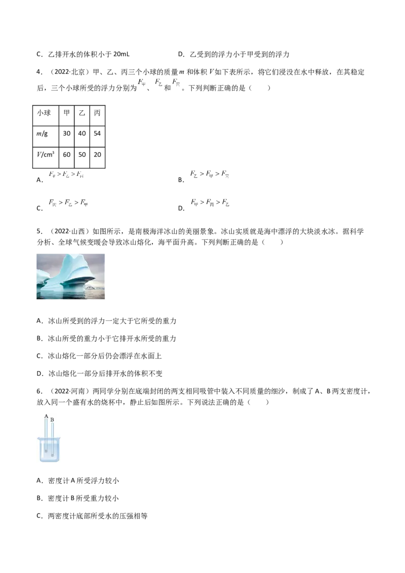 专题10浮力-（2020-2022）三年中考物理试题分项汇编（全国通用）（原卷版）_8、物理总复习_8.中考物理总复习_2023年中考复习资料_专项复习