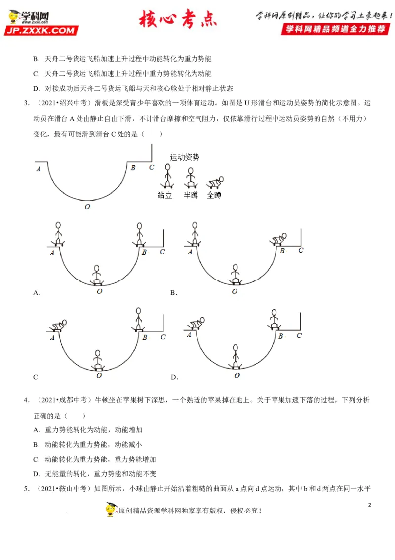 专题23机械能及其转化（原卷版）-2022年中考物理二轮专项复习核心考点突破与必刷题型汇编（全国通用）_8、物理总复习_8.中考物理总复习_2022年中考复习资料