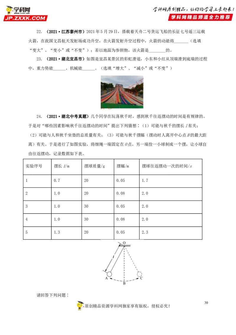 专题11功、功率和机械能（原卷版）_8、物理总复习_8.中考物理总复习_2022年中考复习资料_三年（2019-2021）中考真题物理分项汇编（全国通用）