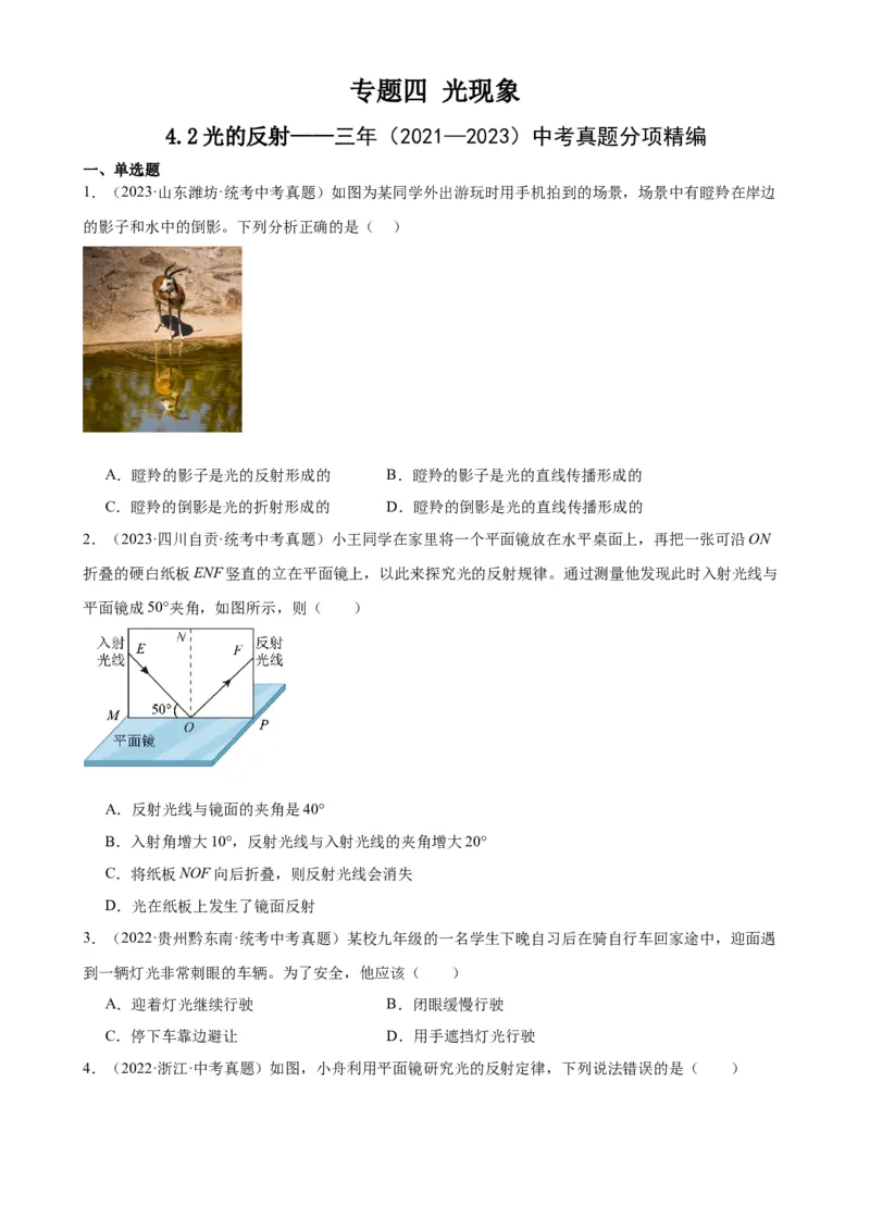 专题4光现象4.2光的反射（学生版）_8、物理总复习_2024年中考复习资料_专项复习资料_完三年（2021&mdash;2023）中考真题分项精编（全国通用）