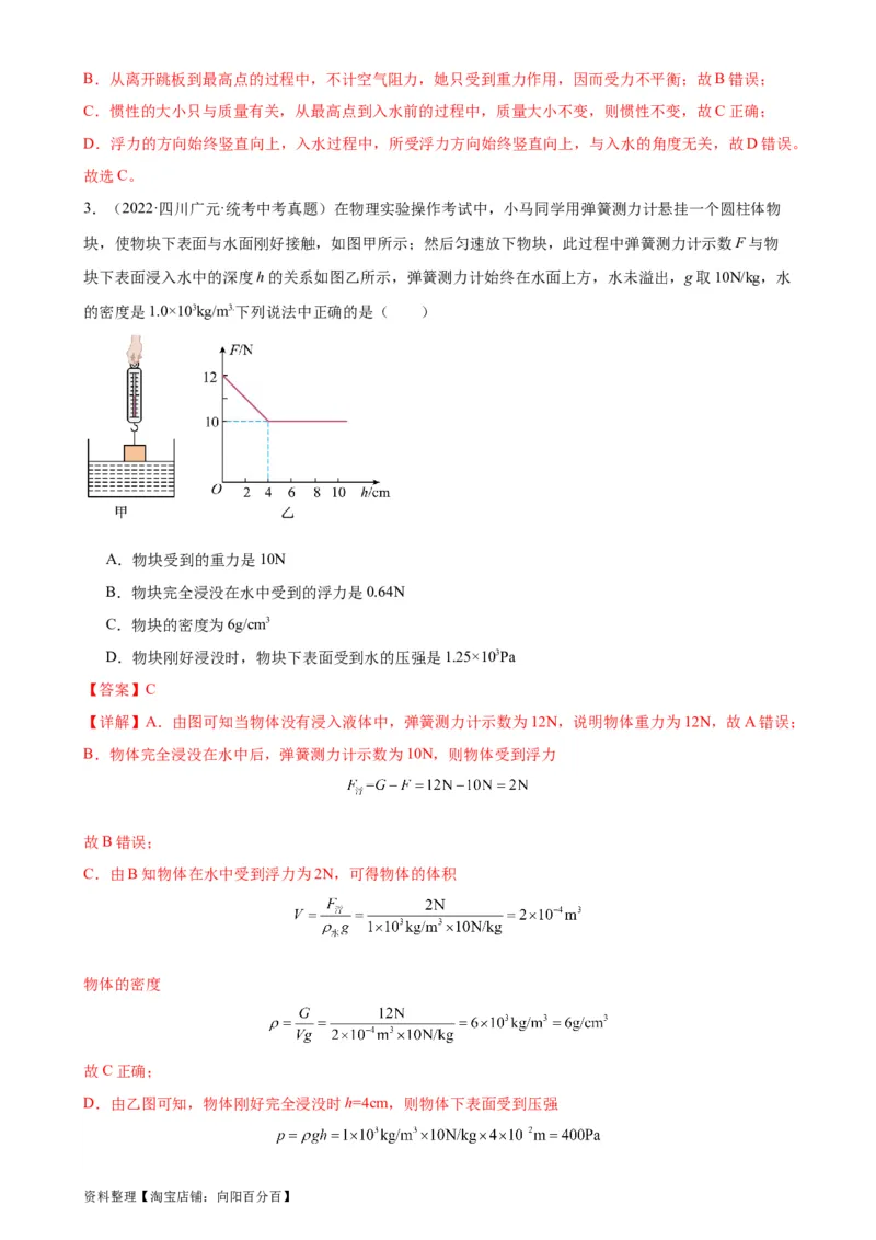 专题10浮力10.1浮力（教师版）_8、物理总复习_2024年中考复习资料_专项复习资料_完三年（2021&mdash;2023）中考真题分项精编（全国通用）_教师版（含答案解析，目录与学生版一致）