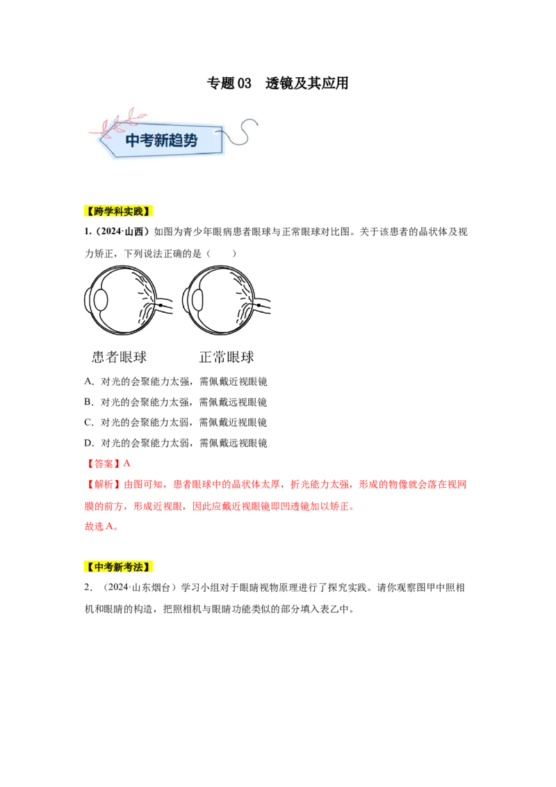 专题03透镜及其应用（解析版）_初物_八年级上下册+九年级全一册物理_八年级物理上册_全套教学资源_课件教案2_中考真题_3.2024年全国中考真题分类汇编_专题03透镜及其应用