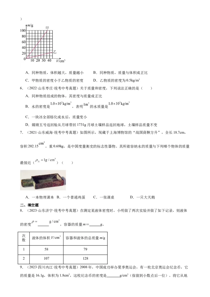 专题6质量和密度6.2密度（学生版）_8、物理总复习_2024年中考复习资料_专项复习资料_完三年（2021&mdash;2023）中考真题分项精编（全国通用）