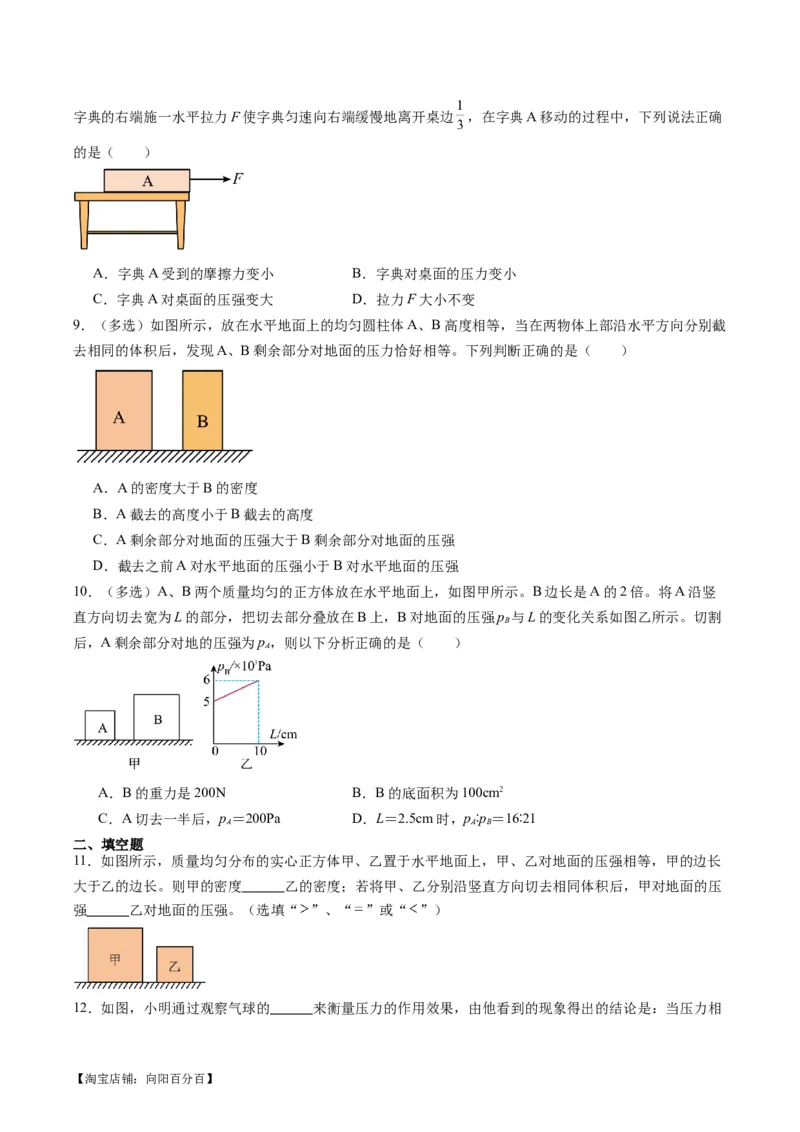 专题10压力与压强（原卷版）_8、物理总复习_2024年中考复习资料_一轮复习_完备战2024年中考物理一轮复习考点帮（全国通用）
