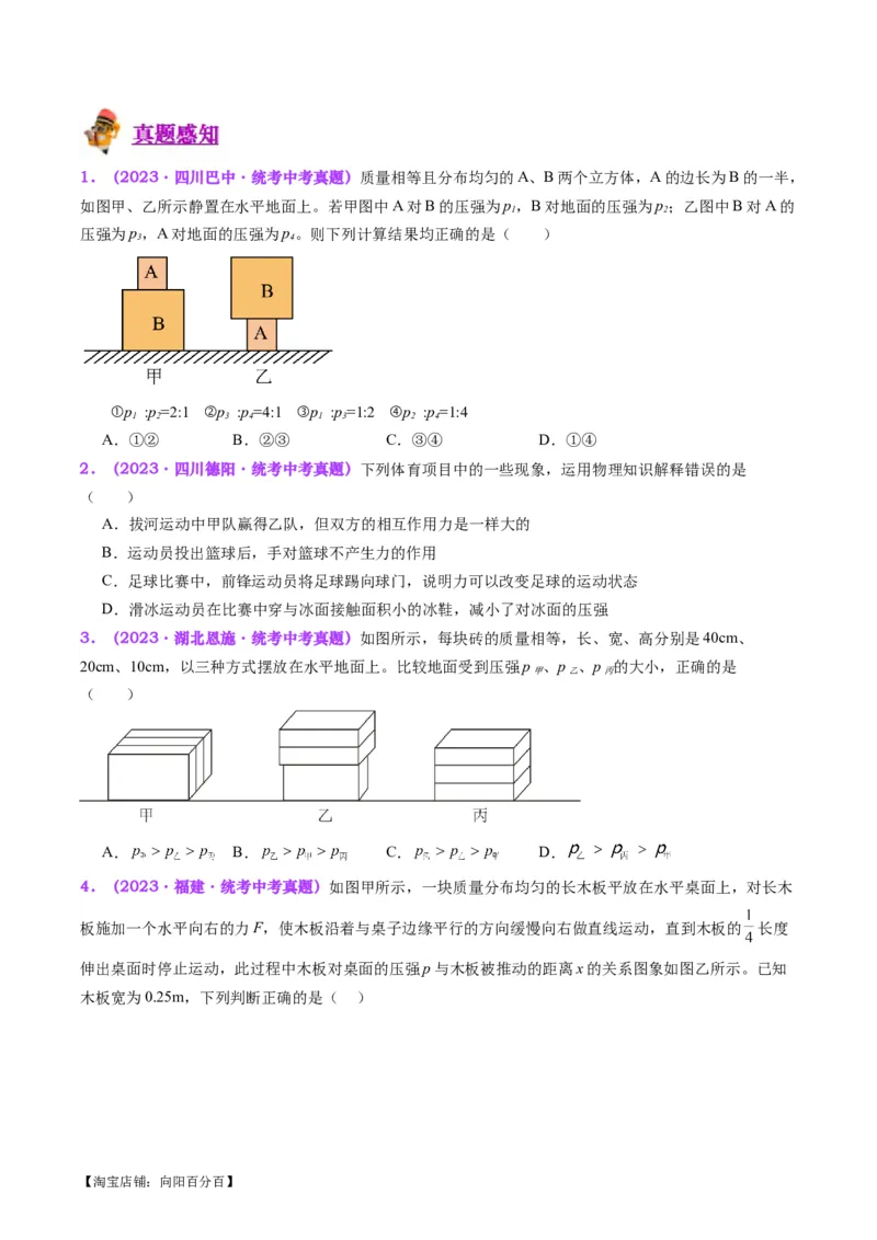 专题10压力与压强（原卷版）_8、物理总复习_2024年中考复习资料_一轮复习_完备战2024年中考物理一轮复习考点帮（全国通用）