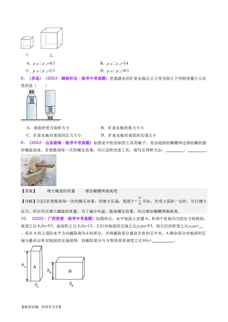 专题10压力与压强（原卷版）_8、物理总复习_2024年中考复习资料_一轮复习_完备战2024年中考物理一轮复习考点帮（全国通用）