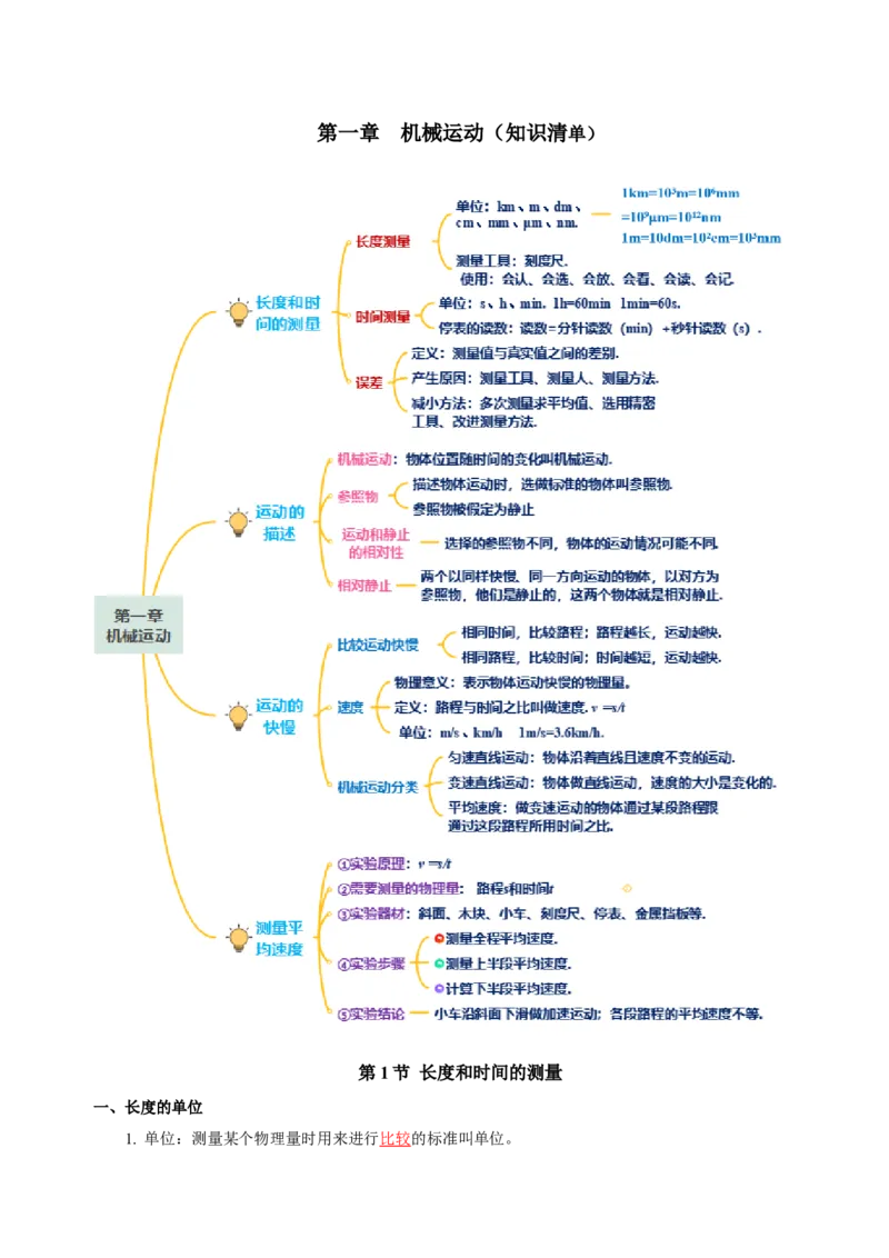 第一章机械运动（知识清单）-（人教版）（教师版）_初物_八年级上下册+九年级全一册物理_八年级物理上册_老课标资料_单元知识清单