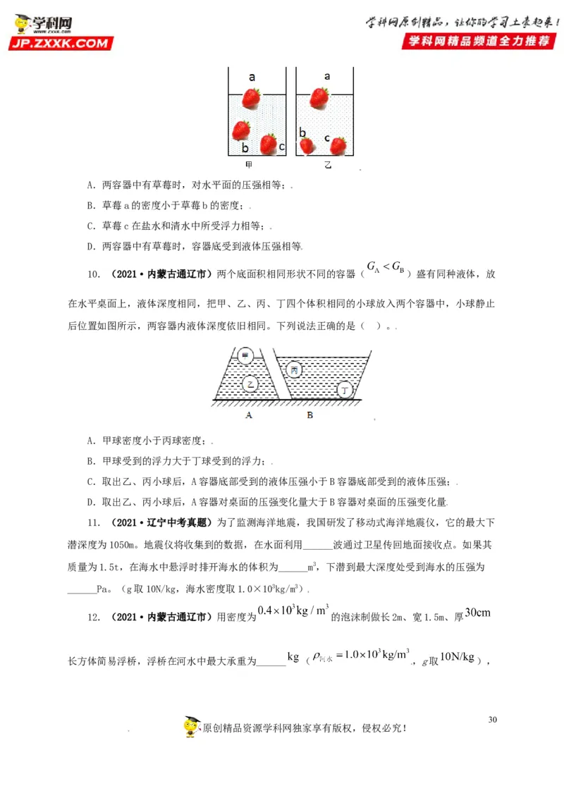 专题09浮力及其应用（原卷版）_8、物理总复习_8.中考物理总复习_2022年中考复习资料_三年（2019-2021）中考真题物理分项汇编（全国通用）