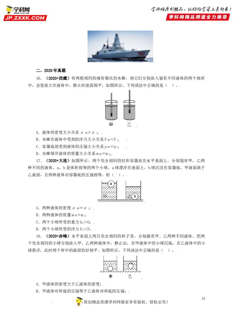 专题09浮力及其应用（原卷版）_8、物理总复习_8.中考物理总复习_2022年中考复习资料_三年（2019-2021）中考真题物理分项汇编（全国通用）