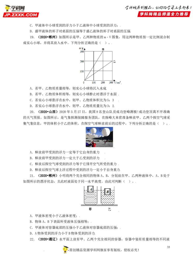 专题09浮力及其应用（原卷版）_8、物理总复习_8.中考物理总复习_2022年中考复习资料_三年（2019-2021）中考真题物理分项汇编（全国通用）
