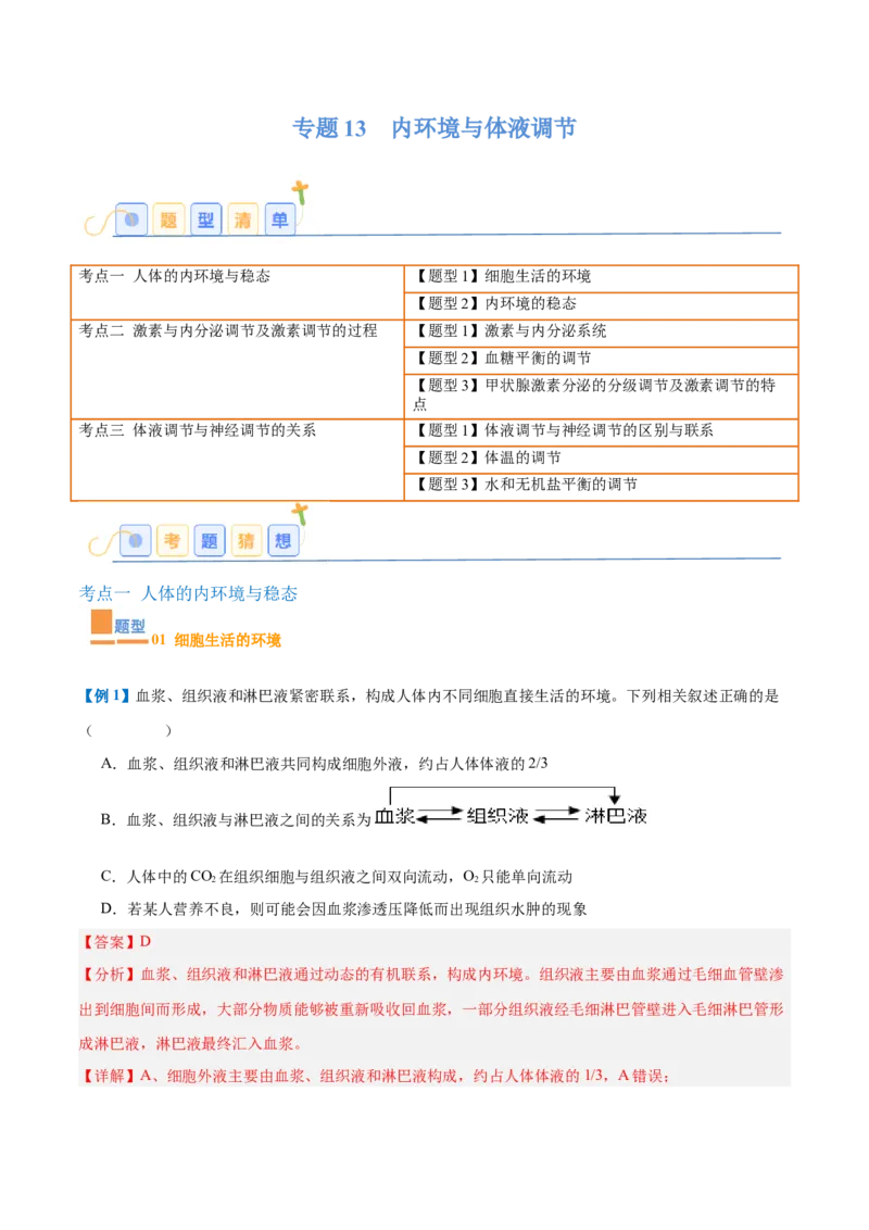 专题13内环境与体液调节（8大题型）（解析版）_2025年新高考资料_一轮复习_备战2025年高考生物一轮复习题型全覆盖（新高考通用）