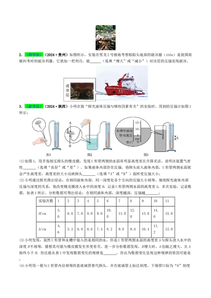 专题09压强（考情聚焦+中考新考法+真题透视4大考向+新题特训）（原卷版）_8、物理总复习_2025年中考复习资料_备战2025年中考物理真题题源讲义（全国通用）