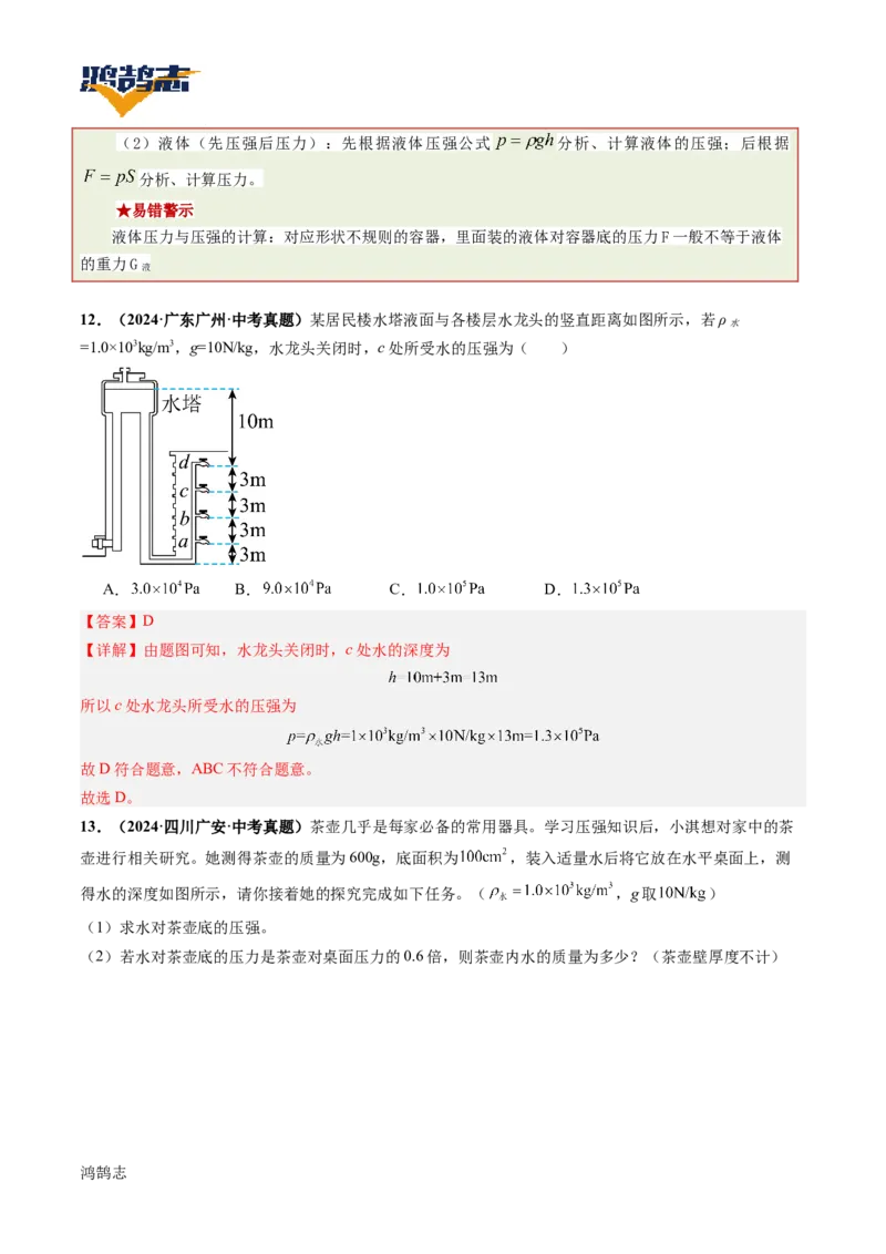 专题10压强（讲义）（解析版）_8、物理总复习_《2025年中考复习讲义》物理