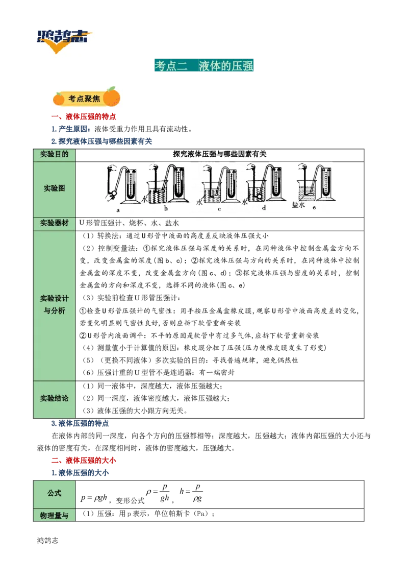 专题10压强（讲义）（解析版）_8、物理总复习_《2025年中考复习讲义》物理