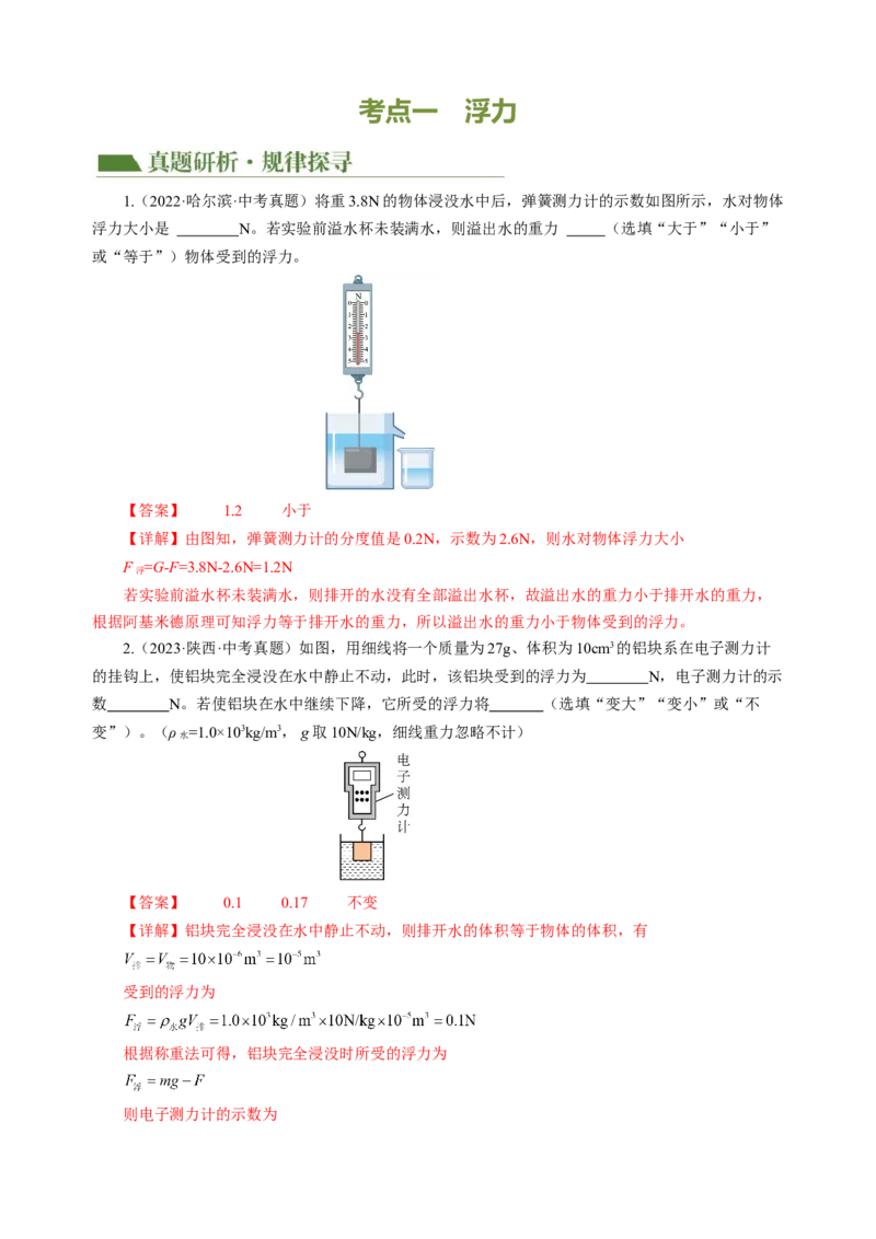 专题07浮力（讲练）解析版_8、物理总复习_8.中考物理总复习_2024年中考复习资料_二轮复习资料_完2024年中考物理二轮复习课件+讲义+练习（全国通用）_模块二（力学）