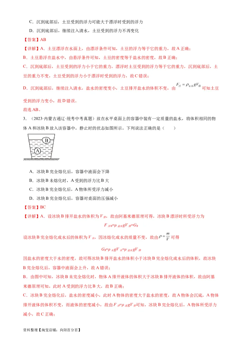 专题10浮力《浮力》章末综合训练（教师版）_8、物理总复习_2024年中考复习资料_专项复习资料_完三年（2021&mdash;2023）中考真题分项精编（全国通用）