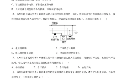 专题19生活用电真题强化训练（原卷版）_8、物理总复习_8.中考物理总复习_2022年中考复习资料_2022年中考物理一轮复习金讲练267905642