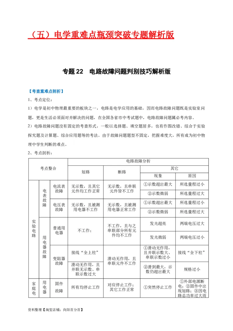 专题22电路故障问题判别技巧解析版_8、物理总复习_8.中考物理总复习_2023年中考复习资料_专项复习_2023年中考物理重难点瓶颈突破（难点剖析+真题汇编+原创预测）（全国通用）_解析版