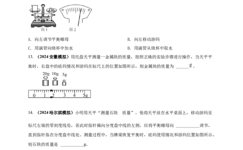 模块三实验专题24用托盘天平测量物体的质量（原卷版）_8、物理总复习_2025年中考复习资料_（2025中考全国通用）2024年中考物理真题分类汇编
