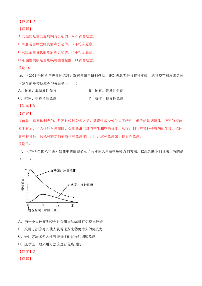 04传染病和免疫B卷（解析版）_初中全科电子版试卷练习试题_生物_生物8下练习_人教生物8年级下单元试卷38份_第3套八年级生物下册单元试卷（人教版）06份