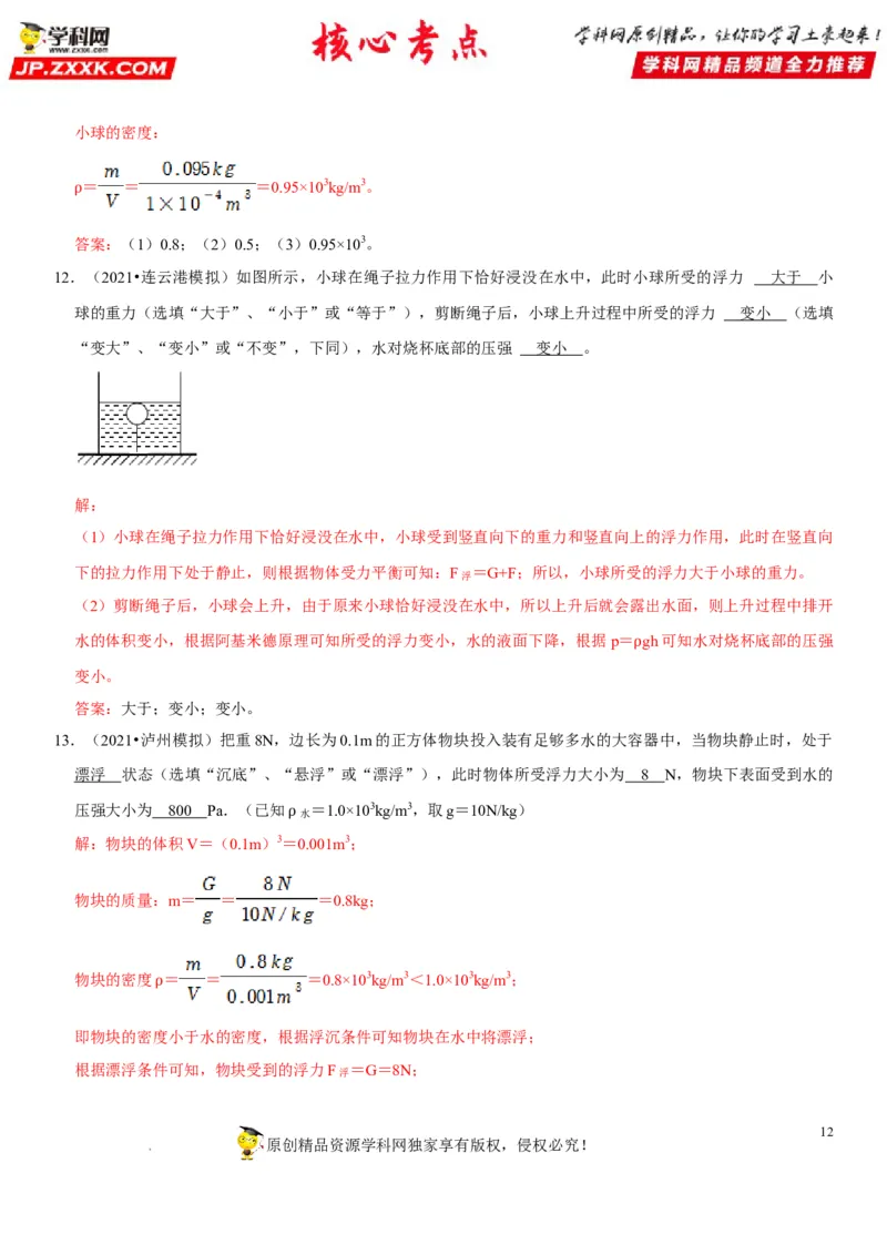 专题21压强与浮力综合（解析版）-2022年中考物理二轮专项复习核心考点突破与必刷题型汇编（全国通用）_8、物理总复习_8.中考物理总复习_2022年中考复习资料