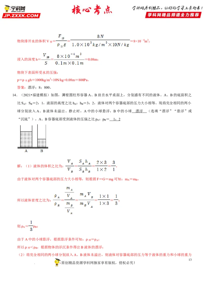 专题21压强与浮力综合（解析版）-2022年中考物理二轮专项复习核心考点突破与必刷题型汇编（全国通用）_8、物理总复习_8.中考物理总复习_2022年中考复习资料