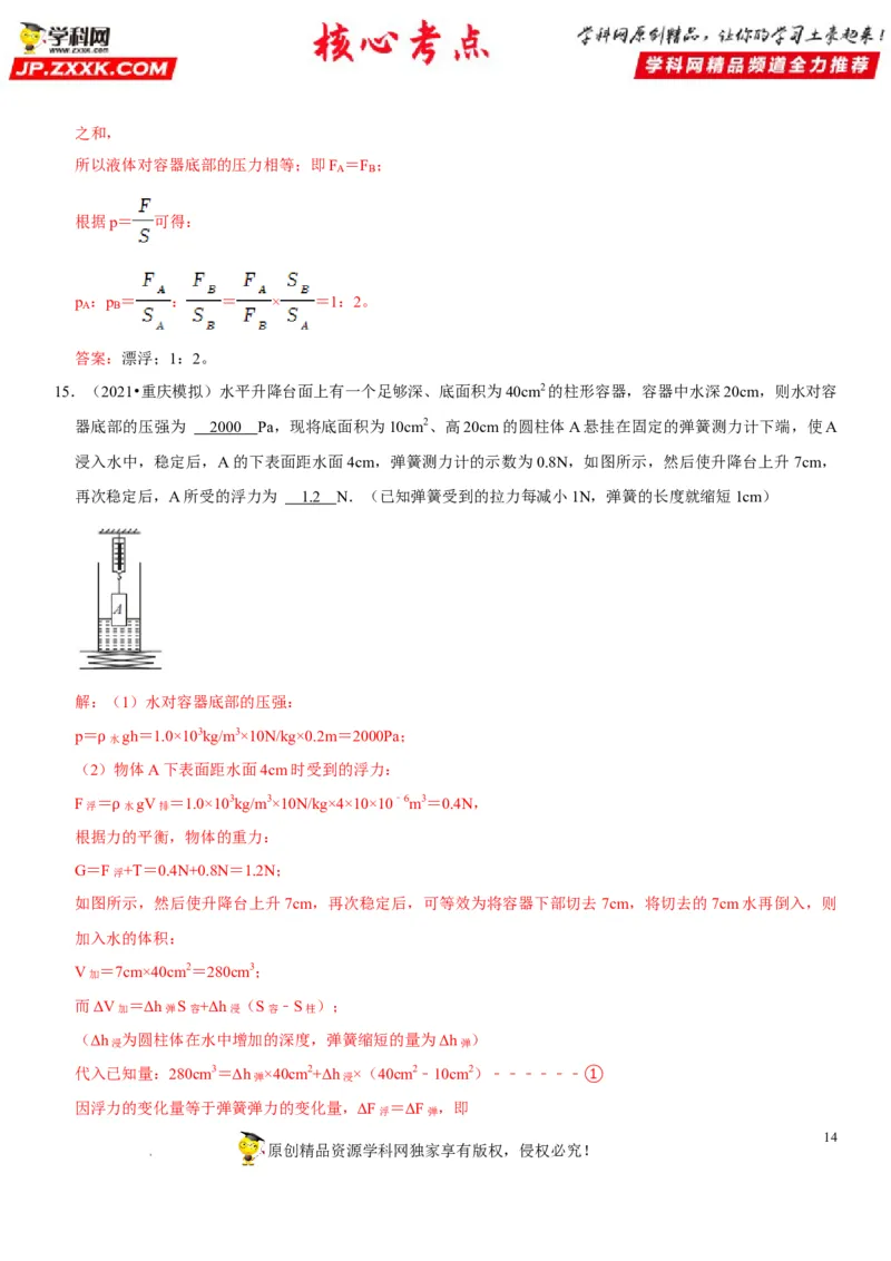 专题21压强与浮力综合（解析版）-2022年中考物理二轮专项复习核心考点突破与必刷题型汇编（全国通用）_8、物理总复习_8.中考物理总复习_2022年中考复习资料