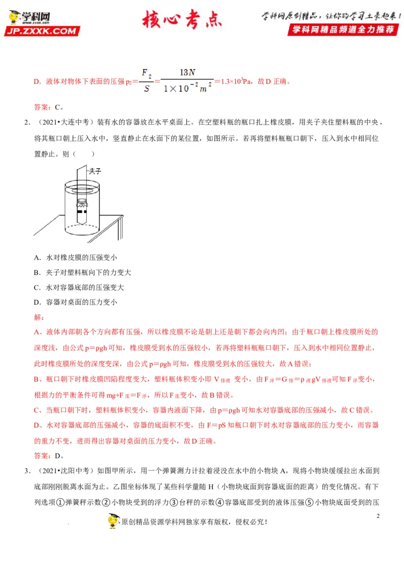 专题21压强与浮力综合（解析版）-2022年中考物理二轮专项复习核心考点突破与必刷题型汇编（全国通用）_8、物理总复习_8.中考物理总复习_2022年中考复习资料