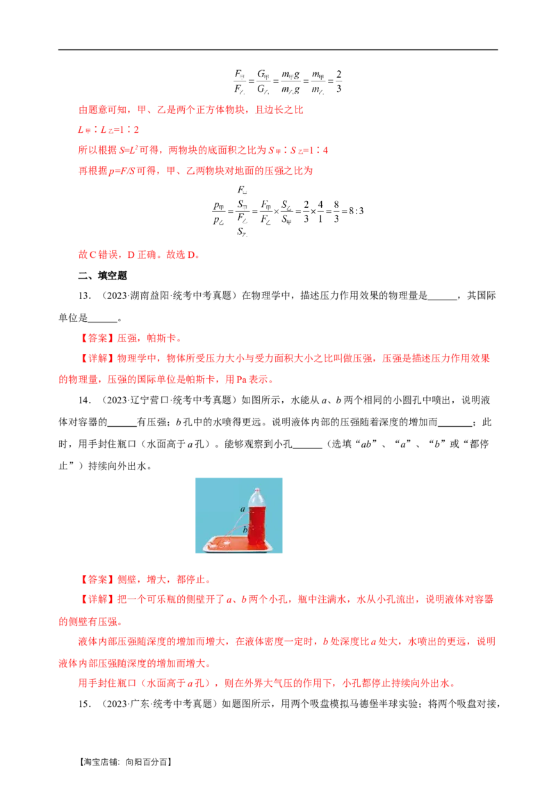 专题09压强（真题训练）-物理中考一轮复习精品资料（解析版）_8、物理总复习_2024年中考复习资料_一轮复习_更新2024年中考物理一轮复习精品资料_配套练习_教师版（含答案解析）