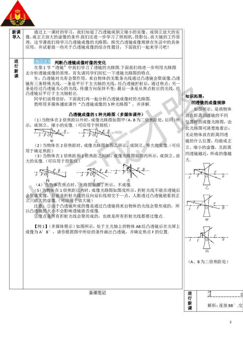 第2课时凸透镜成像规律的综合应用_初物_八年级上下册+九年级全一册物理_八年级物理上册_全套教学资源_课件教案3_教案_第五章透镜及其应用_第3节凸透镜成像的规律