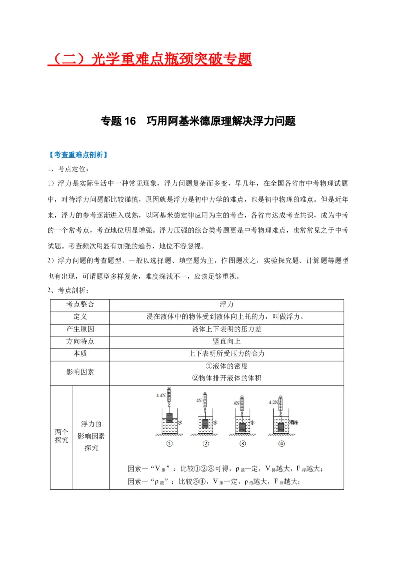 专题16巧用阿基米德原理解决浮力问题_8、物理总复习_8.中考物理总复习_2023年中考复习资料_专项复习_2023年中考物理重难点瓶颈突破（难点剖析+真题汇编+原创预测）（全国通用）