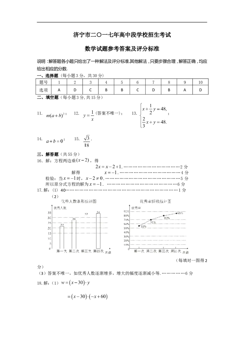 2017山东济宁数学试卷+答案(word整理版)_山东历年中考真题_山东省历年中考真题2013~2024_初中数学历年真题（2013-2024）