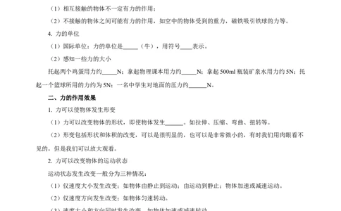 第七章力（知识清单）-八年级物理下册同步备课系列（人教版）（学生版）_初物_八年级上下册+九年级全一册物理_八年级物理下册_老课标资料_单元试卷
