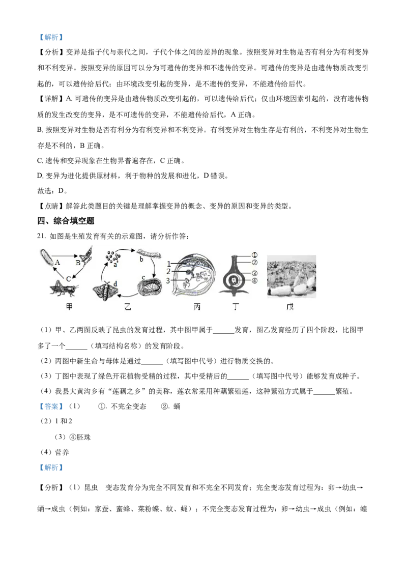 04八年级下学期期中生物试题（解析版）_初中全科电子版试卷练习试题_生物_生物8下练习_人教生物8年级下期中试卷10份