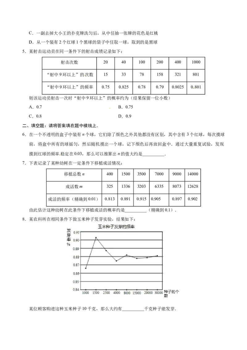 25.3用频率估计概率-九年级数学人教版（上）（原卷版）_初中全科电子版试卷练习试题_数学_9上初中人教版数学练习、试卷_人教数学九年级上课时练习（58份）