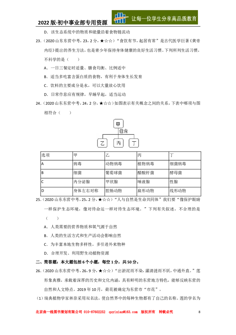 20生物&mdash;&mdash;山东省东营市word版，含答案全解全析(1)_山东历年中考真题_山东省历年中考真题2013~2024_初中生物历年真题（2013-2024）