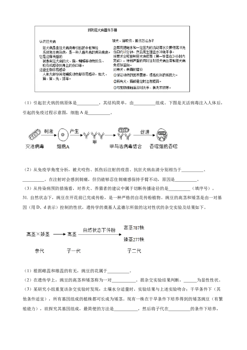 2024年山东省滨州市中考生物真题（原卷版）(1)_山东历年中考真题_山东省历年中考真题2013~2024_初中生物历年真题（2013-2024）