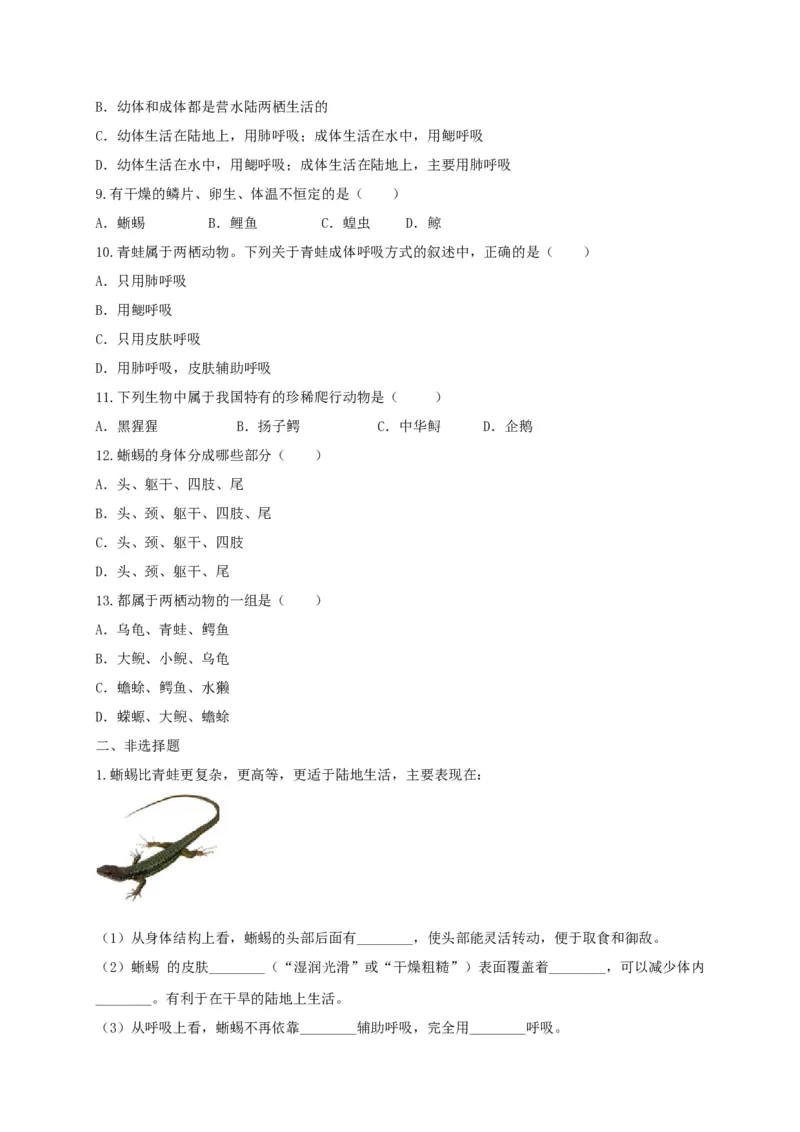 5.1.5两栖动物和爬行动（备作业）-（人教版）（原卷版）_初中全科电子版试卷练习试题_生物_生物8上练习_人教生物8年级上课时练习37份
