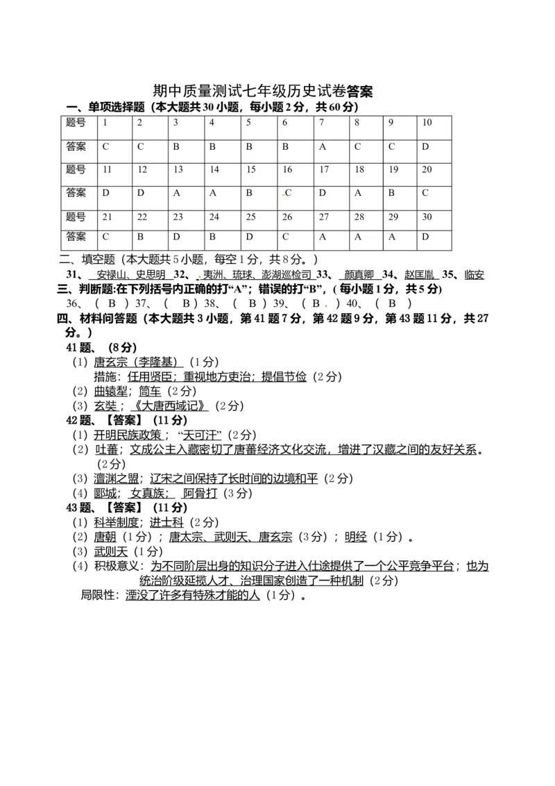 5.七年级下学期期中考试历史试题_初中全科电子版试卷练习试题_历史_历史人教版7下试卷_部编人教版历史7年级下期中试卷13份