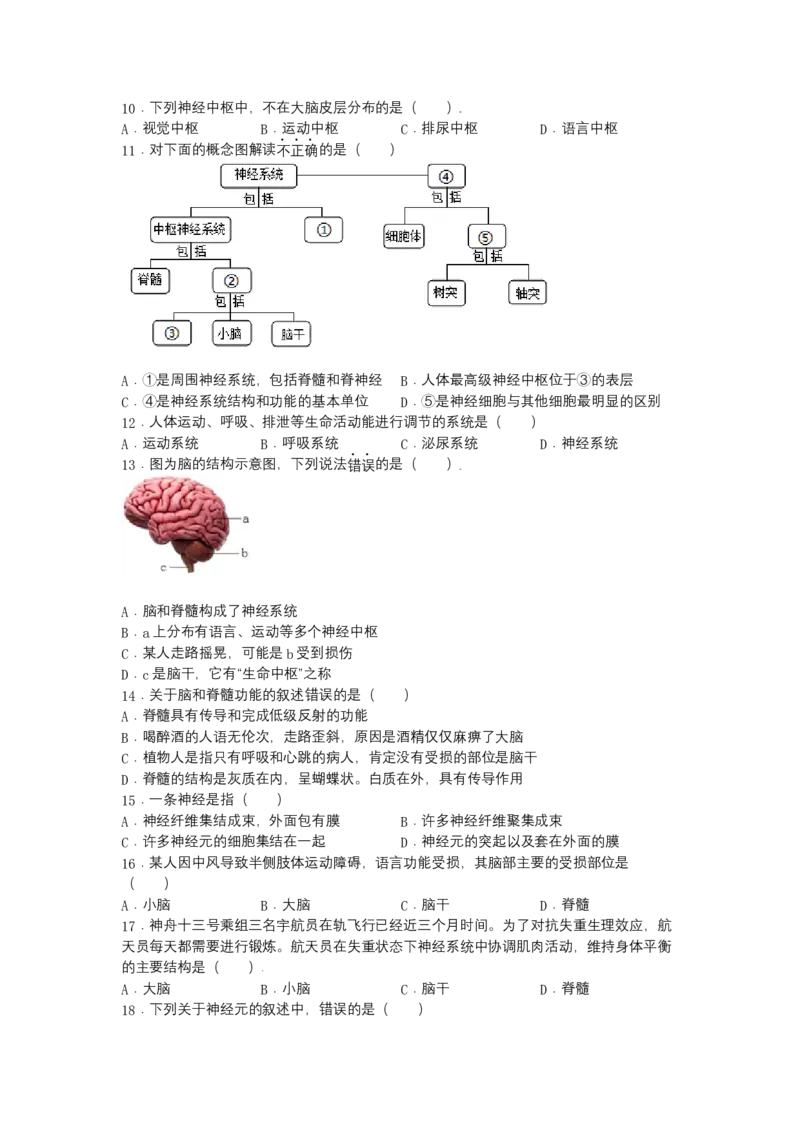 4.6.2神经系统的组成-（人教版）（原卷版）_初中全科电子版试卷练习试题_生物_生物人教版7下练习_人教生物7年级下课时练习40份