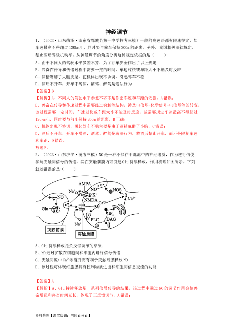 专题24神经调节（精练）（解析版）_新高考复习资料_2024年新高考复习资料_一轮复习资料_完备战2024年高考生物一轮复习串讲精练（新高考专用）_精练_解析版