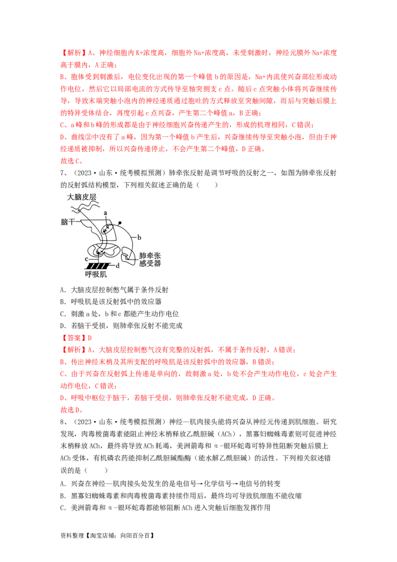 专题24神经调节（精练）（解析版）_新高考复习资料_2024年新高考复习资料_一轮复习资料_完备战2024年高考生物一轮复习串讲精练（新高考专用）_精练_解析版