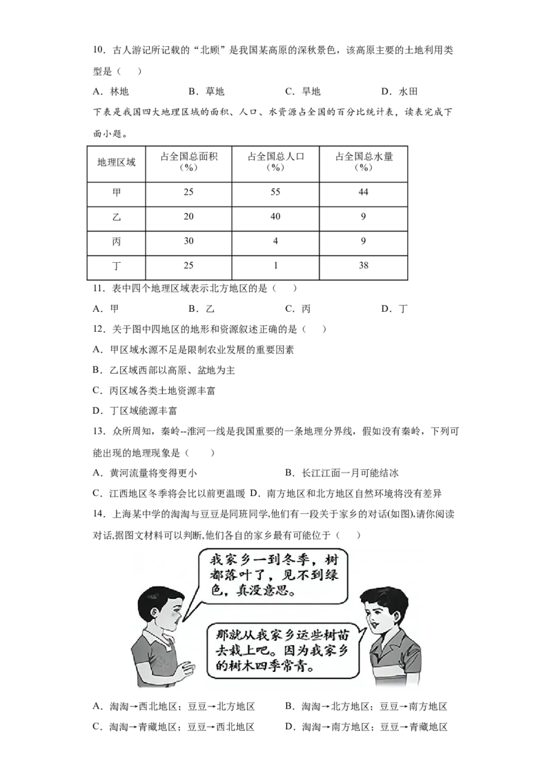 5.0中国的地理差异-八年级地理下册课时同步练（人教版）_初中全科电子版试卷练习试题_地理_人教地理8下试题试卷_人教地理8年级下课时练习30份_第2套课时练习