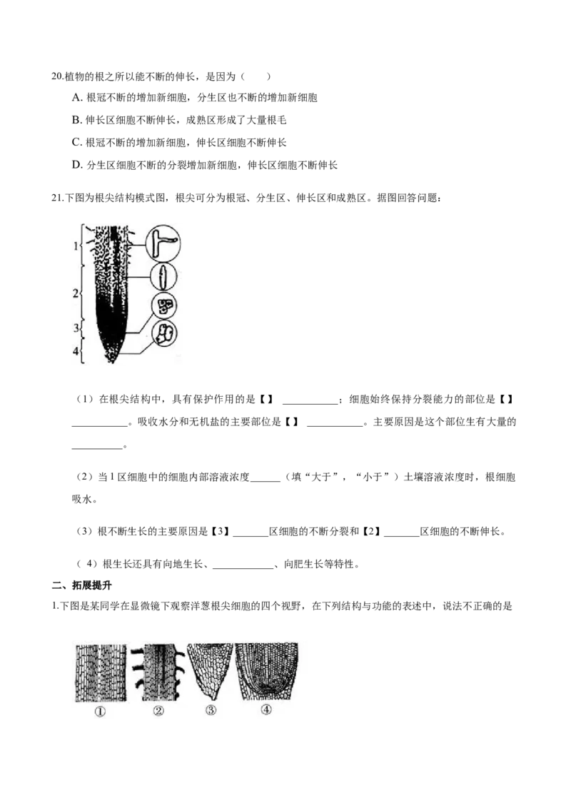 专题3.2.2植株的生长（原卷版）_初中全科电子版试卷练习试题_生物_生物人教版7上练习&mdash;24新版已更新_人教生物7年级上课时练习39份_七年级生物上册课时练习（人教版）18份